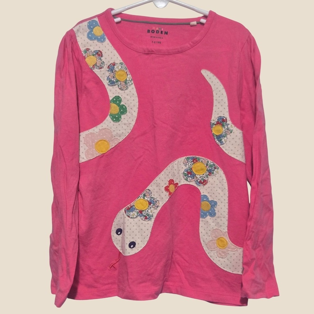 Mini Boden Girls Pink Snake Floral Applique Long Sleeve Graphic Tee 7-8Y G5348